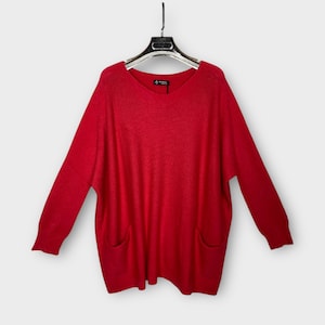 Made in Italy Alpini Jumper Sweater, Cherry Red Scoop Neck Oversized Fine Knit Plus Size Fits UK 12-20, Boho Luxury Cosy Top One Size Winter