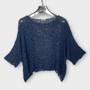 Crochet Jumper Sweater, Open Knit Top Denim Blue Oversized Plus Size Fits UK 12-20, Boho Hippy Festival Holiday Wear One Size All Seasons
