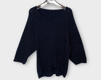 Pull Vintage Femme Gilles Années 80 - Maille Col V En Laine/acrylique, Taille M Bleu Marine