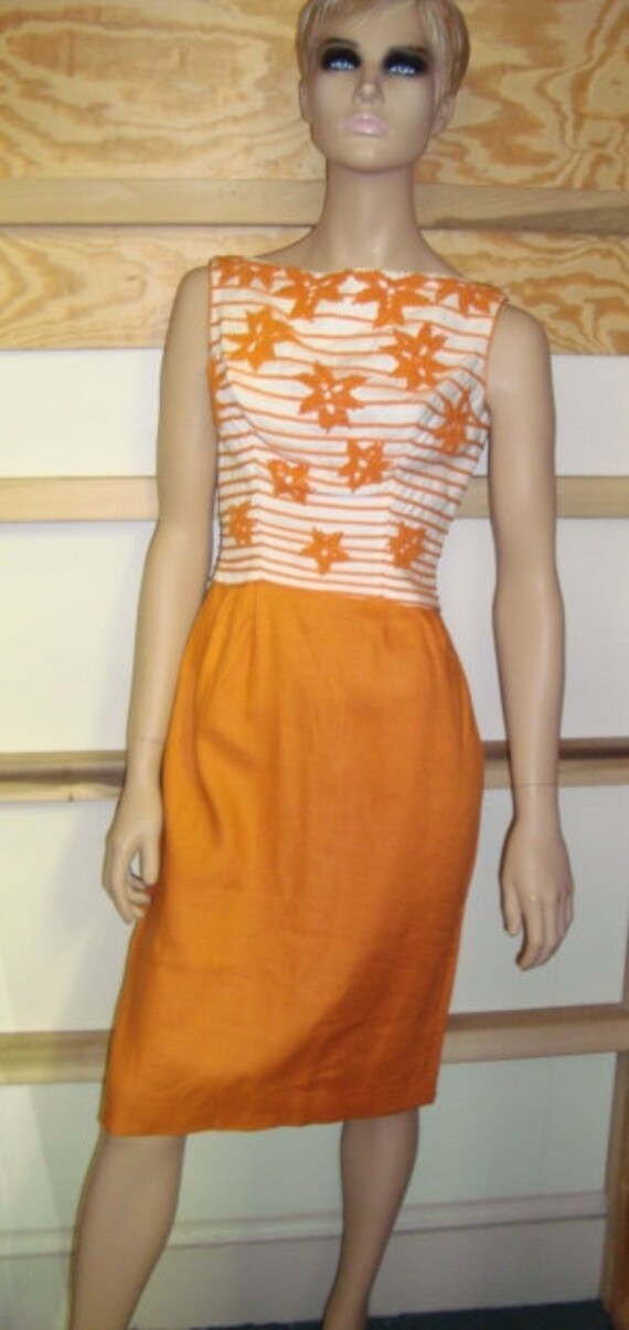50's Nautical Dress Orange and White Stripe Linen