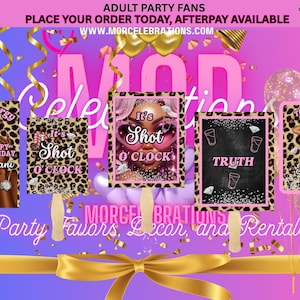 Pacote de lembrancinhas personalizadas para festa de adulto: xícaras, copos de shot, chapéus