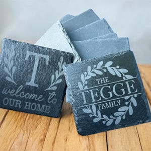 Personalized Coaster Set for Couple Wedding Present Slate Accent Family Name Engraved Design Custom Piece Housewarming Gift for Newlyweds