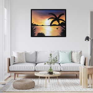 Beach Painting, Framed Art Print, Beach Sunset Painting Art, Palm Tree Painting, Beach House Decor, Living Room Wall Art