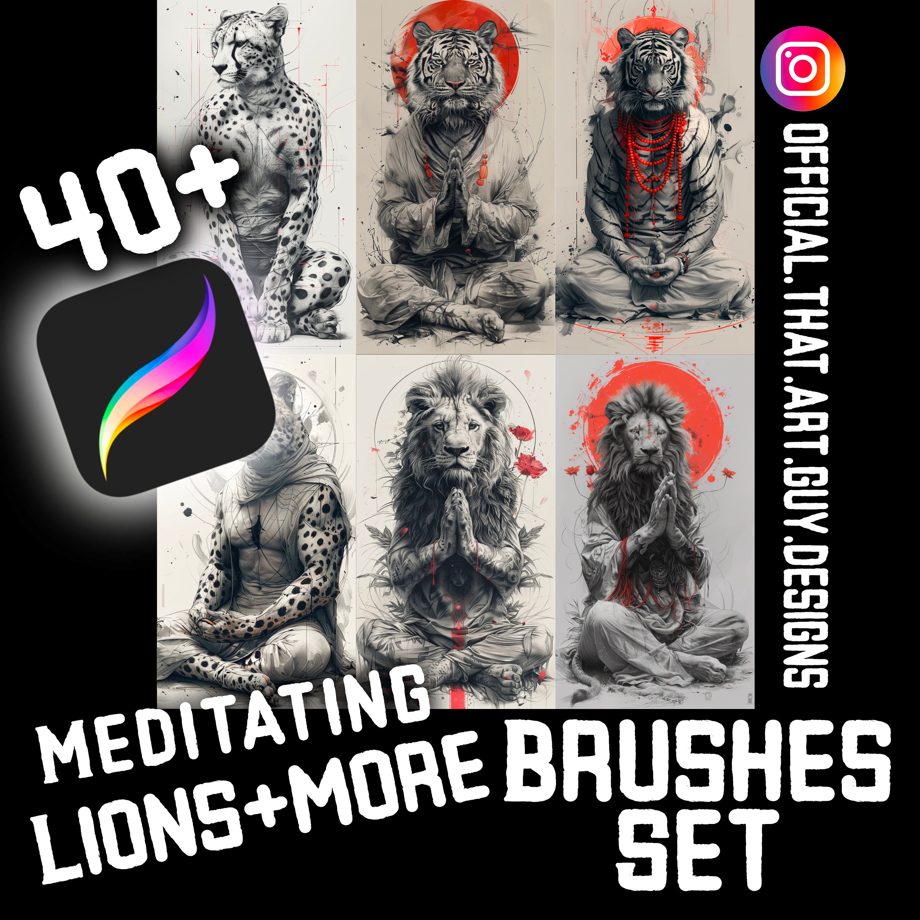 40+ Big Cat Procreate Brushes & Stamps — Lions, Tigers, Leopards, Cheetahs Tattoo Design Set