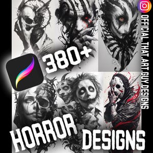 Può includere: Una raccolta di arte digitale con vari design horror. L'immagine mostra un'icona dell'app Procreate, il testo "380+" e le parole "HORROR DESIGNS". L'opera d'arte include immagini di teschi, mostri e una figura con una maschera da hockey.