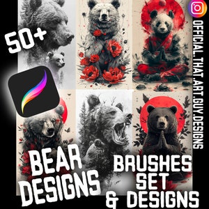 May include: A set of 50+ bear designs and brushes for digital art. The designs feature bears in various poses and styles, including a bear with flowers, a bear with a red sun, and a bear meditating. The brushes are designed to help artists create realistic and stylized bear illustrations.