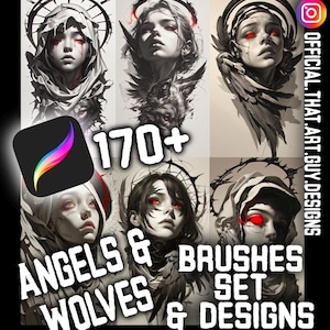 May include: Digital art set with black and white illustrations of angels and wolves with red eyes. The image includes the text "170+ ANGELS & WOLVES BRUSHES SET & DESIGNS" and a Procreate app icon.