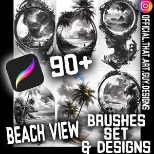 Könnte beinhalten: Eine Sammlung von über 90 Schwarzweiß-Procreate-Pinseln und Designs mit Strandszenen mit Palmen, Ozeanwellen und Wolken. Der Text "Beach View Brushes Set & Designs" ist in Weiß auf schwarzem Hintergrund dargestellt.