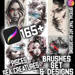 165+ Pisces/fish and woman designs, procreate brush set, stamps, and designs. Sea, ocean, tattoo design, tattoos , art