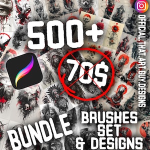 May include: A collage of digital art designs featuring animals, flowers, and tribal patterns. The text "500+ Brushes Set & Designs" is displayed in white letters on a black background. The text "70$" is crossed out with a red line. The text "OFFICIAL.THAT.ART.GUY.DESIGNS" is displayed vertically on the right side of the image.