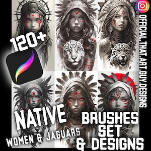 May include: A set of 120+ digital brushes and designs featuring Native American women and jaguars. The images are in black and white with red accents. The text "NATIVE BRUSHES SET & DESIGNS" is displayed on the image.