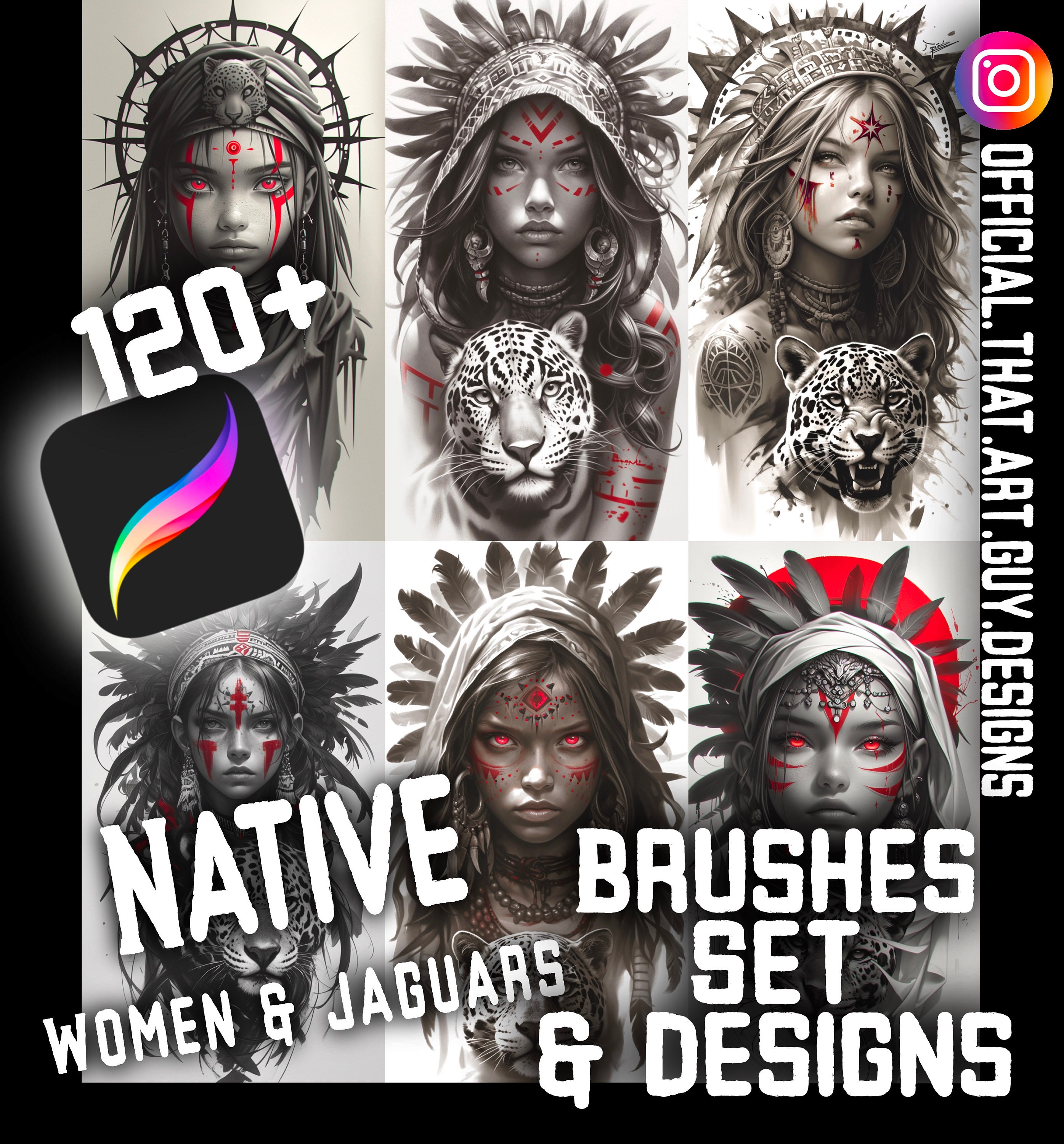 120+ Creative Native Women With Jaguars Designs, Procreate Brush Set ...