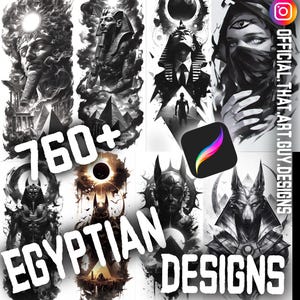 Op de afbeelding: Een verzameling zwart-wit digitale kunstontwerpen met een Egyptisch thema. De afbeelding toont illustraties van farao's, piramides en andere oude Egyptische symbolen. Tekst bevat "760+ EGYPTIAN DESIGNS" en een Instagram-gebruikersnaam.