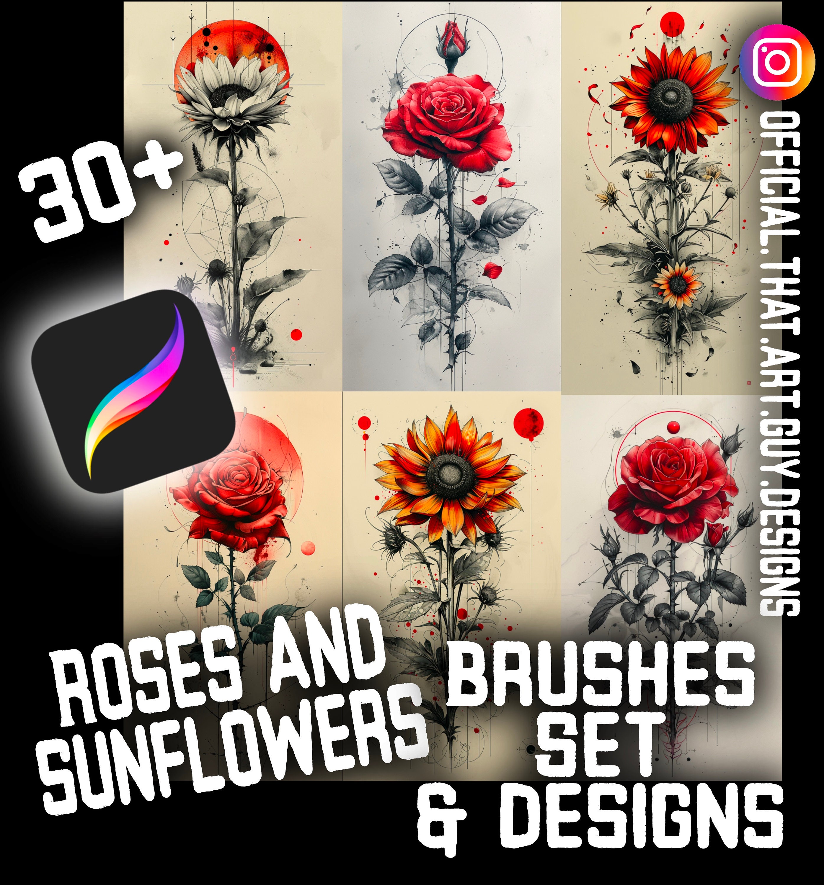30+ Sunflowers and Roses Creative Designs. Procreate Brush Set, Stamps ...
