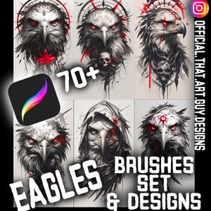 Op de afbeelding: Een digitale penseelset met meer dan 70 adelaarontwerpen. De ontwerpen zijn in zwart, wit en rood, met een verscheidenheid aan stijlen, waaronder realistisch, gestileerd en abstract. De set is perfect voor het creëren van unieke en opvallende kunstwerken.