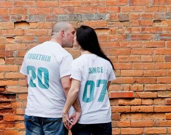 Newlywed Custom Couples T-Shirts, Anniversary or Wedding Gift Idea, ‘TOGETHER SINCE’ set of 2 Matching Tees for Lovebirds with Jersey Number