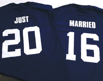 JUST MARRIED  Custom Couples T-Shirts,  Wedding Gift for Newylweds Set of 2 Matching Tees Lovebirds Couples Shirts