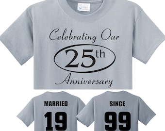 25th SILVER Anniversary gift in Silver Couples T-Shirts,  ‘MARRIED SINCE’ set of 2 Matching Tees