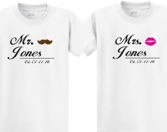 Cute Couples Tee shirt set Mr. & Mrs with Your Custom Name and Date