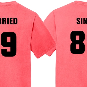 35th Anniversary gift in CORAL Couples T-Shirts,  ‘MARRIED SINCE’ set of 2 Matching Tees
