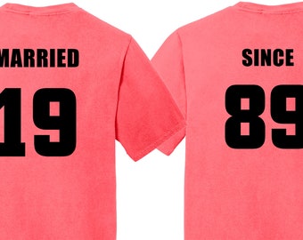 35th Anniversary gift in CORAL Couples T-Shirts,  ‘MARRIED SINCE’ set of 2 Matching Tees