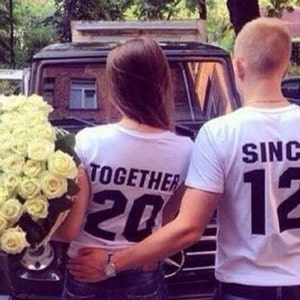 Newlywed Couples T-Shirts, Anniversary Gift, Wedding Gift, TOGETHER SINCE set of 2 Matching Tees for Lovebirds, Couples Shirts image 2