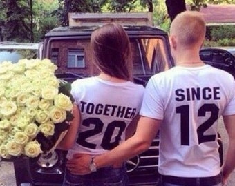 Newlywed Couples T-Shirts, Anniversary Gift, Wedding Gift, ‘TOGETHER SINCE’ set of 2 Matching Tees for Lovebirds  Numbered Couples Shirts