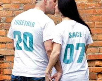 Newlywed Couples T-Shirts, Anniversary Wedding Gift Idea, ‘TOGETHER SINCE’ set of 2 Matching Tees for Lovebirds Jersey Number Couples Shirts