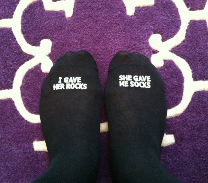 Embroidered Grooms Socks I Gave Her Rocks, She Gave Me Socks' Funny Wedding Gift Idea, Wedding Socks Gift from Bride, Groom Wedding image 1