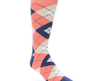 Coral, Navy and Natural Argyle Grooms Socks