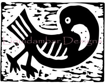 Downloadable Black and White Block Print - Bird 1 - 11"x14"