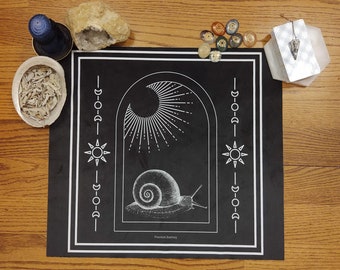 Tarot, Altar, Ritual Cloth with Snail and Sun Images on Velvet in Black