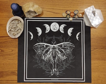 Tarot, Altar, Ritual Cloth with Luna Moth and Moon Lunar Cycle Images on Velvet in Black