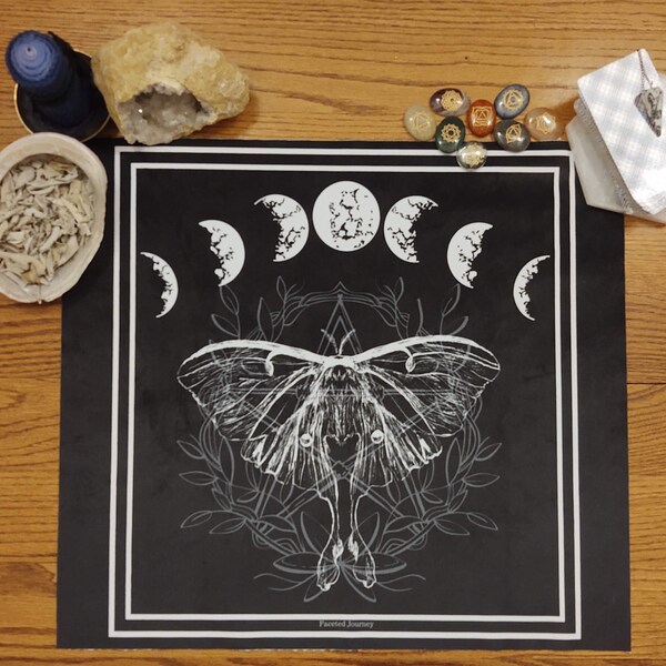 Tarot, Altar, Ritual Cloth with Luna Moth and Moon Lunar Cycle Images on Velvet in Black