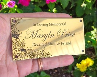 Custom Engraved Rose Design Brass Plaque. Personalised Nameplate for Bench, Grave, Garden and More.