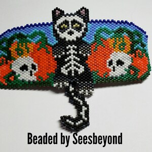 Skeleton Kitty in the Pumpkin Patch, Black Cat, Beaded Barrette