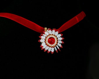 Dhalia Locket, Beaded, Red, White and Gold