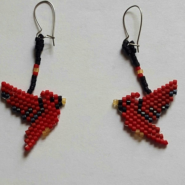 Tiny Hand Beaded Cardinal  Earrings