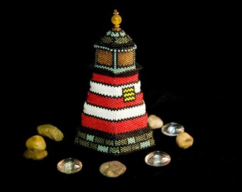 Beaded Lighthouse Box Sculpture, OOAK Handmade Art