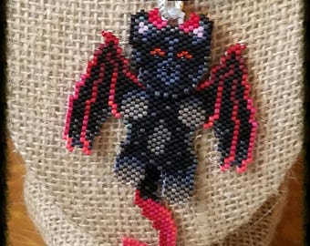 Hand Beaded Devil Cat Necklace, Black Cat Wiggle Pendant