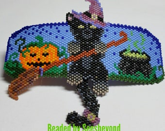 Witchy Wiggle Kitty in the Pumpkin Patch, Black Cat, Beaded Barrette