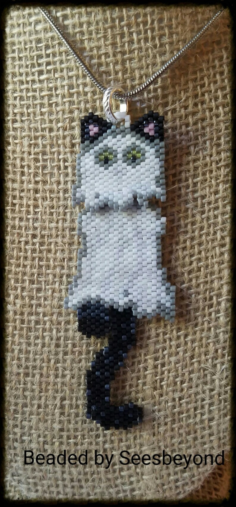 Ghost Black Cat Wiggle Necklace, hand beaded image 1