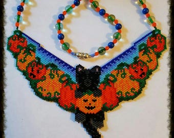 Midnight Pumpkin Black Cat Wiggle Necklace,  hand beaded