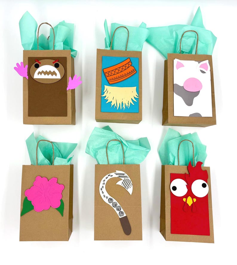 May include: Six brown paper gift bags with various character designs. Each bag has a teal tissue paper and a brown handle. The designs include a monster, a necklace, a cow, a flower, a fish hook, and a rooster.