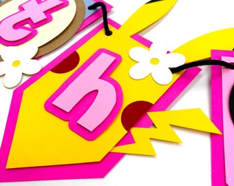 Pokemon Geburtstagsgirlande mit Blumen: Personalisiertes Pokemon Party Schild für Mädchen