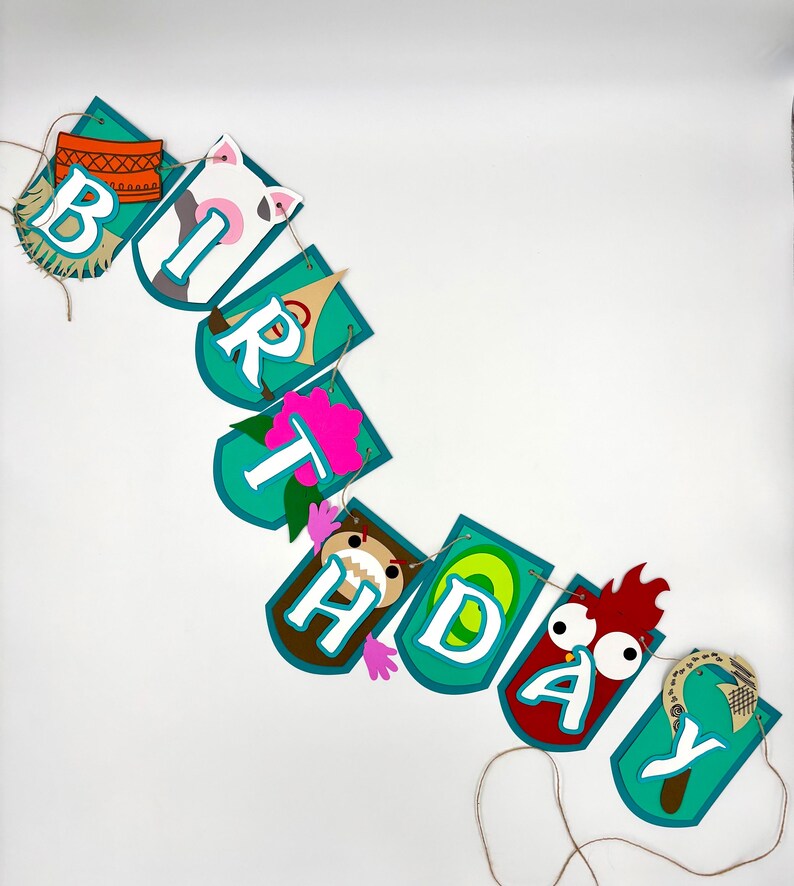 May include: A teal blue and brown birthday banner with the word "birthday" spelled out in white letters. Each letter has a different animal character on it. The banner is strung together with twine.