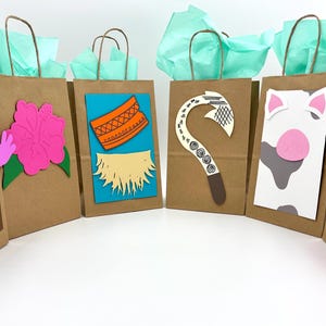 May include: Brown paper gift bags decorated with colorful cutouts of cartoon characters and tropical flowers. Each bag has a handle and is filled with teal tissue paper, perfect for a themed party.
