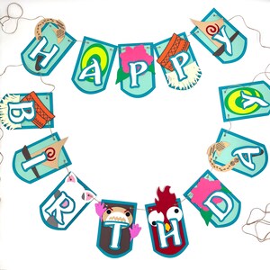 May include: A blue and green paper banner with the words "Happy Birthday" spelled out. Each letter is decorated with a different character from the film Moana.