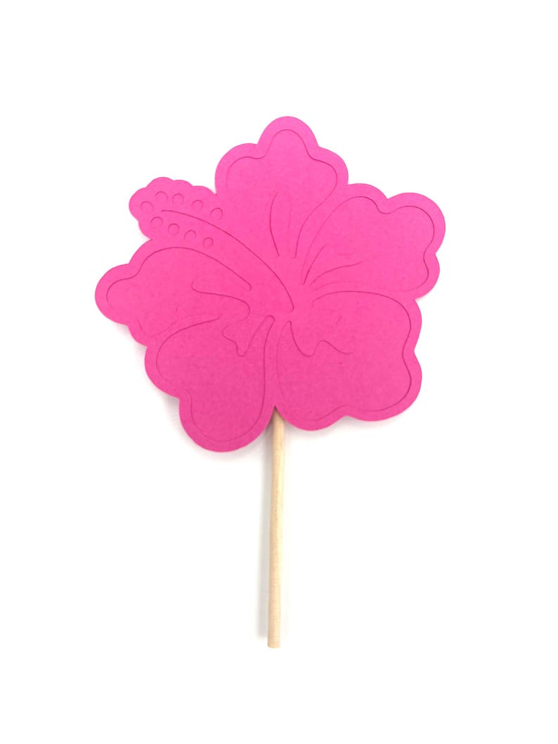 May include: A pink paper hibiscus flower on a wooden stick. The flower is a cutout shape with a detailed design.