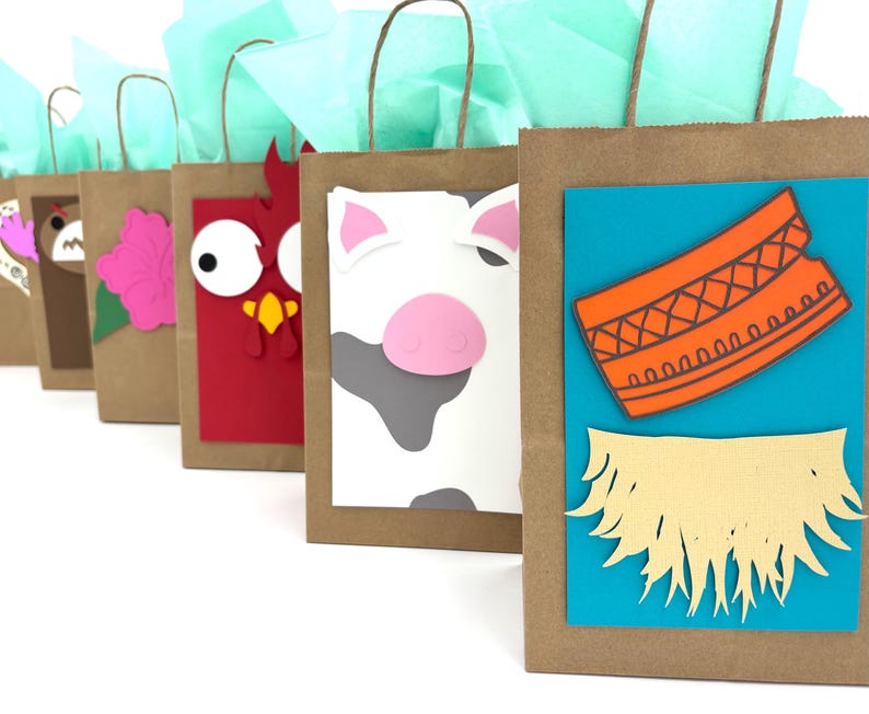 May include: A row of brown paper gift bags with various animal and themed cutouts. Each bag has a different design, including a bird, bear, flower, rooster, cow, and a design with an orange pattern and yellow fringe. The bags are filled with light blue tissue paper.